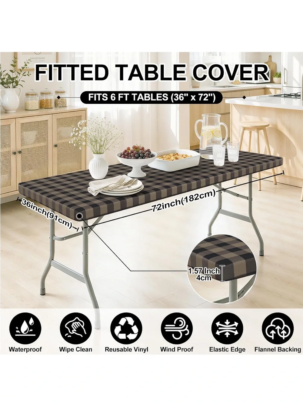 NWOT 6 Ft Waterproof Picnic Table Cloth Flannel Backed Fitted Vinyl tablecloth